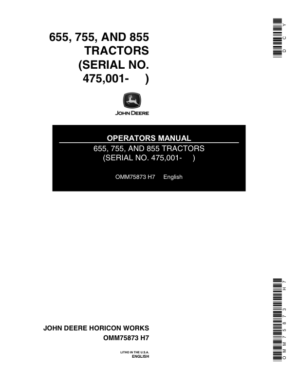 John Deere 655, 755 & 855 Tractors (475001-615000) Operator's Manual (OMM75873)