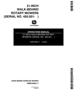 John Deere Walk-Behind Rotary Mowers (450001-) 4.5 Kawasaki, 3.5 Briggs & Stratton, 4 HP. 2-Cycle OMC Engine Operator's Manual (OMM75889)