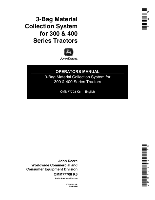 John Deere 3 Bag MCS for 300, 400 Series Tractors Operator's Manual (OMM77708)