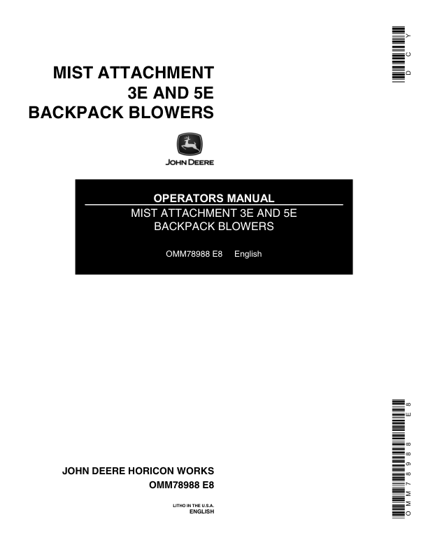 John Deere Mist Attachment 3E & 5E Backpack Blowers Operator's Manual (OMM78988)