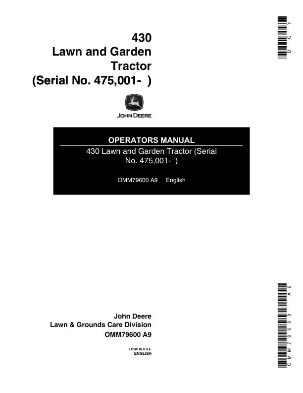 John Deere 430 Lawn & Garden Tractor (475001-) Operator's Manual (OMM79600)