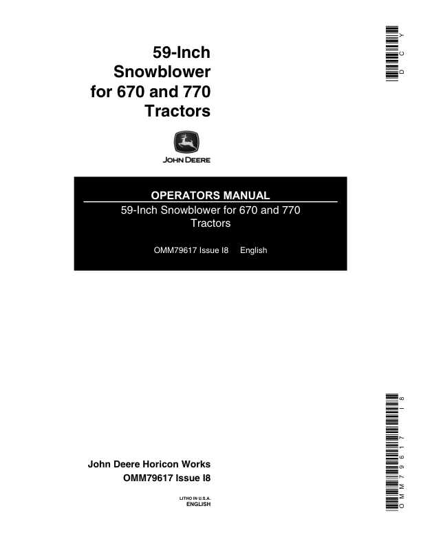 John Deere 59-Inch Snowblower (000000-099999) Operator's Manual (OMM79617)