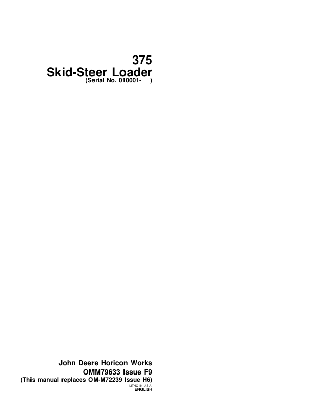 John Deere 375 Skid Steers Operator's Manuals (OMM79633)