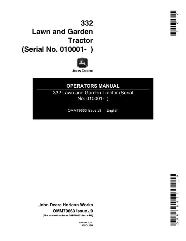 John Deere 332 Lawn & Garden Tractor (010001-) Operator's Manual (OMM79663)