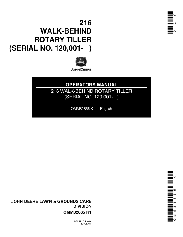 John Deere 216 Walk-Behind Rotary Tiller (120001-) Operator's Manual (OMM82865)