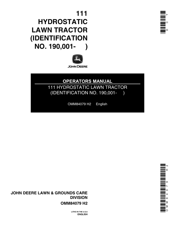 John Deere 111H Lawn & Garden Tractor Operator's Manual (OMM84079)