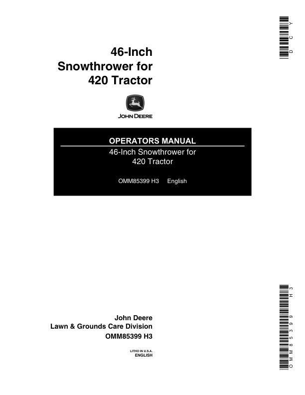 John Deere 46-In. Snowthrower for 420 Tractor Operator's Manual (OMM85399)