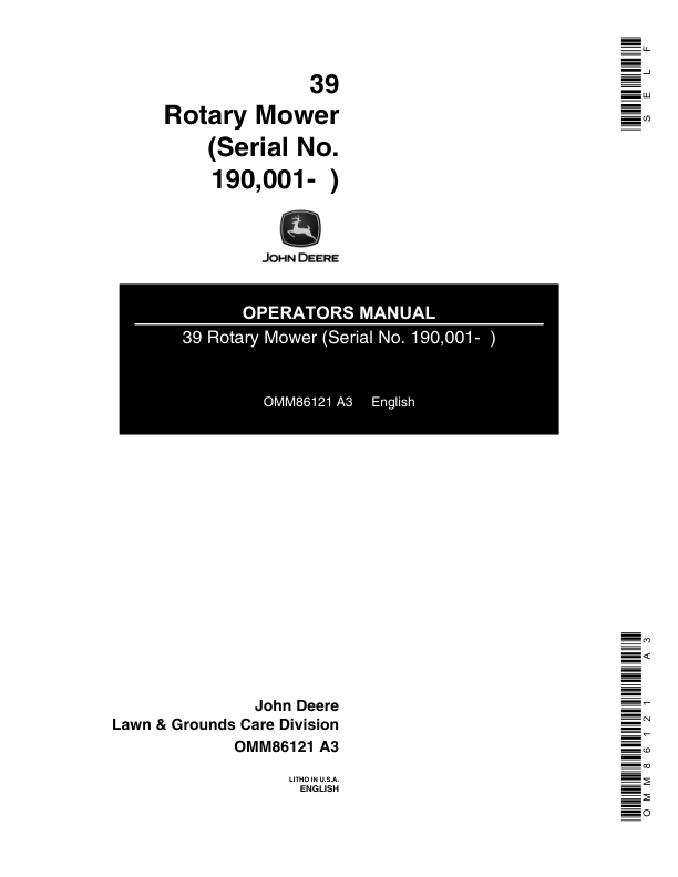 John Deere 39 Rotary Mower (190001-) Operator's Manual (OMM86121)