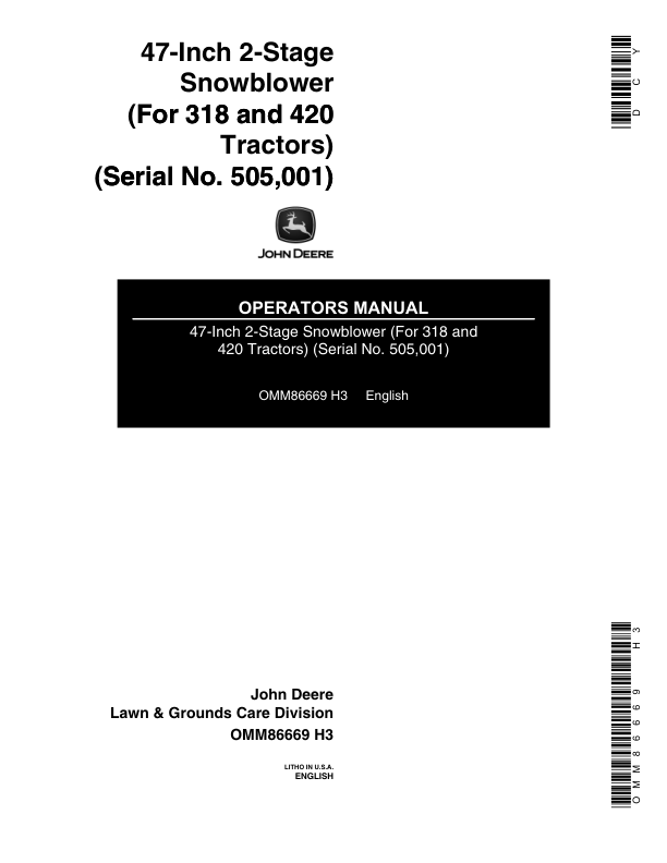 John Deere 47-Inch Two Stage Snowblower Operator's Manual (OMM86669)