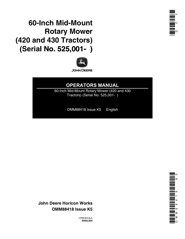 John Deere 60-Inch Mid-Mount Rotary Mower (525001-) Operator's Manual (OMM88418)