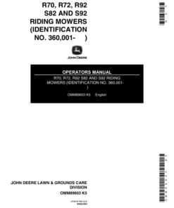 John Deere R70, R72, R92, S82, S92 Riding Mower Operator's Manual (OMM89603)