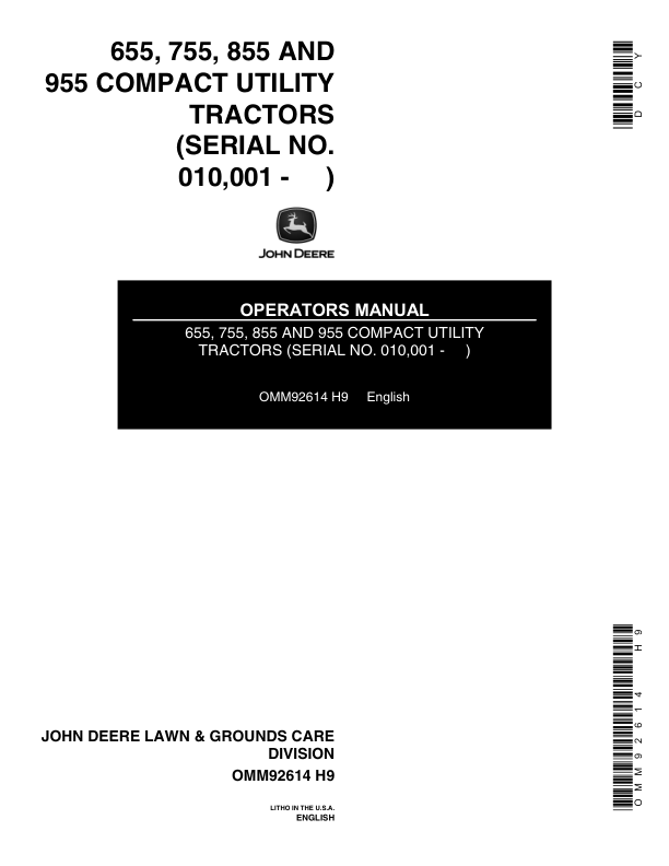 John Deere 655, 755, 855 & 955 Compact Utility Tractors (010001-100000) & (615001-750000) Operator's Manual (OMM92614)