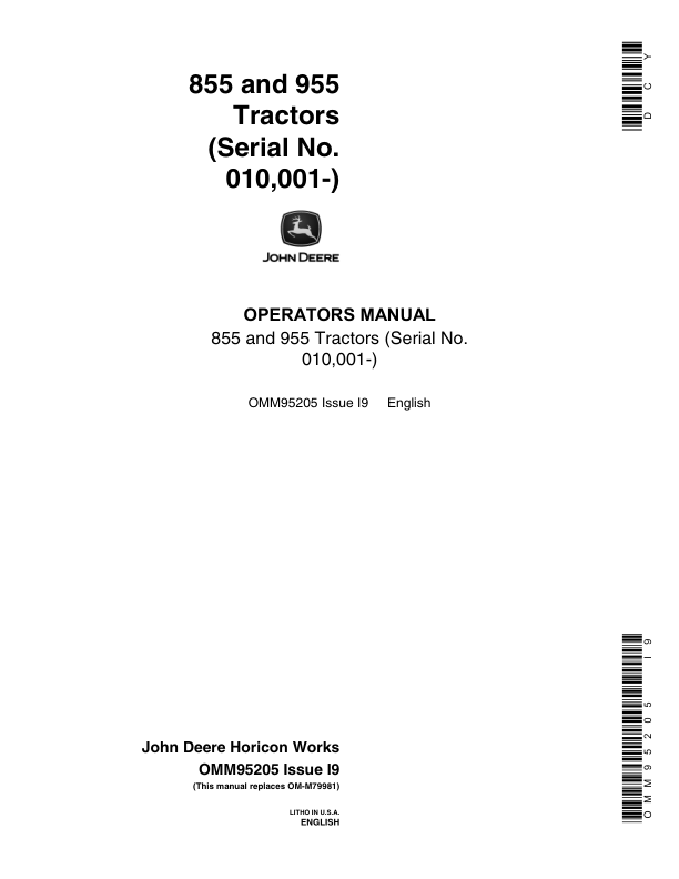 John Deere 855 & 955 Tractors (010001-) Operator's Manual (OMM95205)