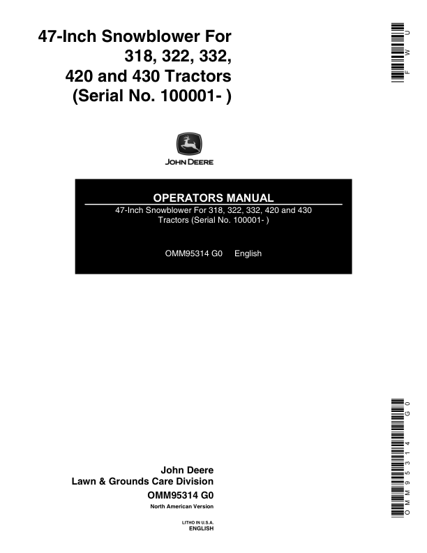 John Deere 47-Inch Snowblower (100001-) Operator's Manual (OMM95314)