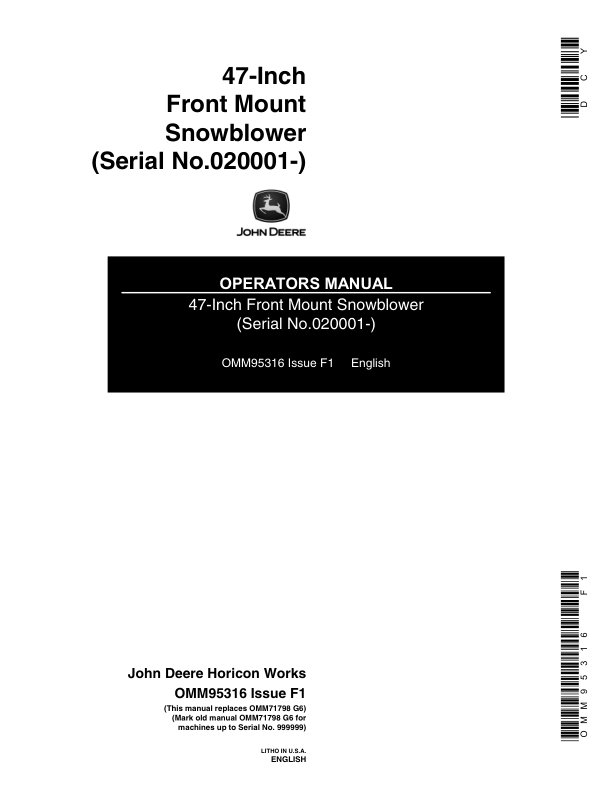 John Deere 47-Inch Front Mount Snowblower (020001-) Operator's Manual (OMM95316)