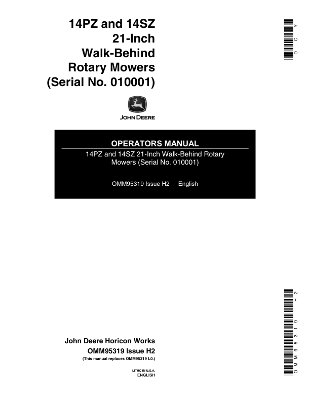 John Deere 14PZ, 14SZ Rotary Mowers (010001-) Operator's Manual (OMM95319)