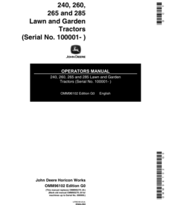 John Deere 240, 260, 265 & 285 Lawn & Garden Tractors Operator's Manual (OMM96102)