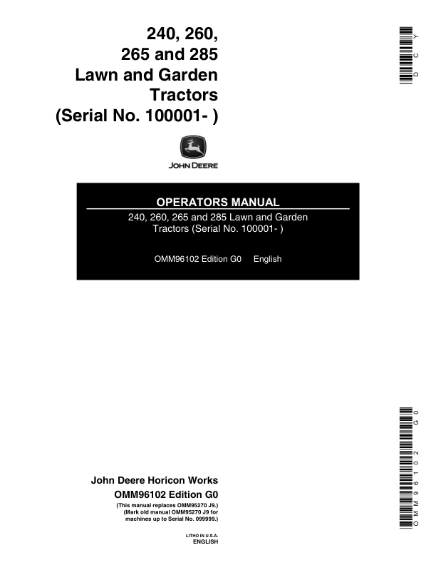 John Deere 240, 260, 265 & 285 Lawn & Garden Tractors Operator's Manual (OMM96102)