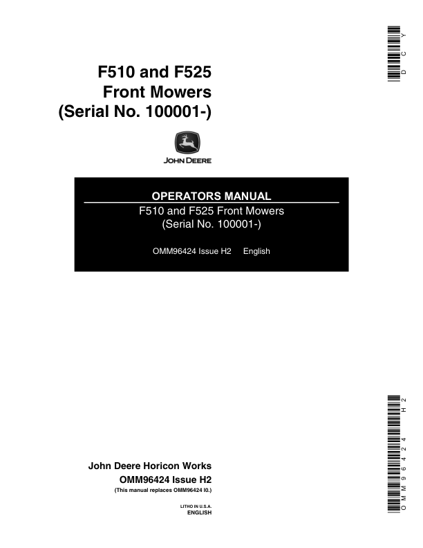 John Deere F510, F525 Front Mowers (100001-) Operator's Manual (OMM96424)