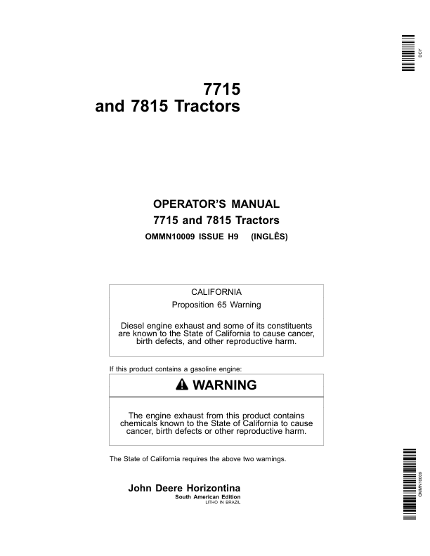 John Deere 7715, 7815 Tractor Operator's Manual (OMMN10009)
