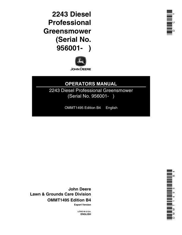 John Deere 2243 Diesel Professional Greensmower Operator's Manual (OMMT1495)