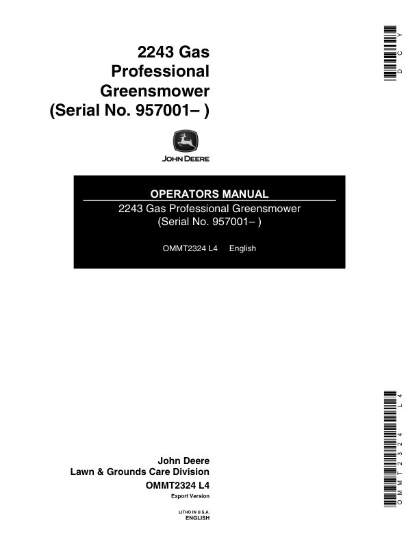 John Deere 2243 Gas Professional Greensmower Operator's Manual (OMMT2324)
