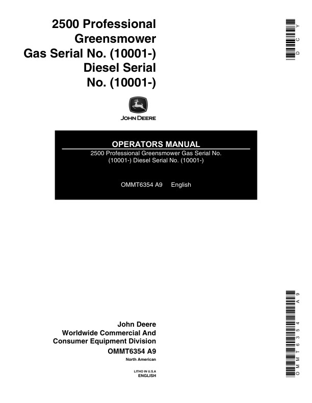 John Deere 2500 Professional GreensMower Operator's Manual (OMMT6354)