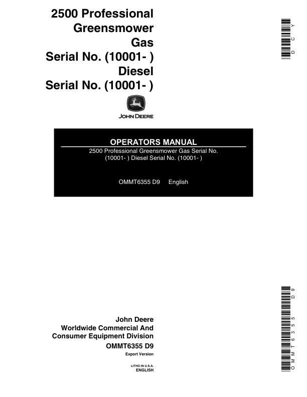John Deere 2500 Professional GreensMower Operator's Manual (OMMT6355)