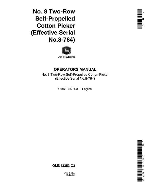 John Deere 8 Cotton Picker, 2 Row Operator's Manual (OMN13353)