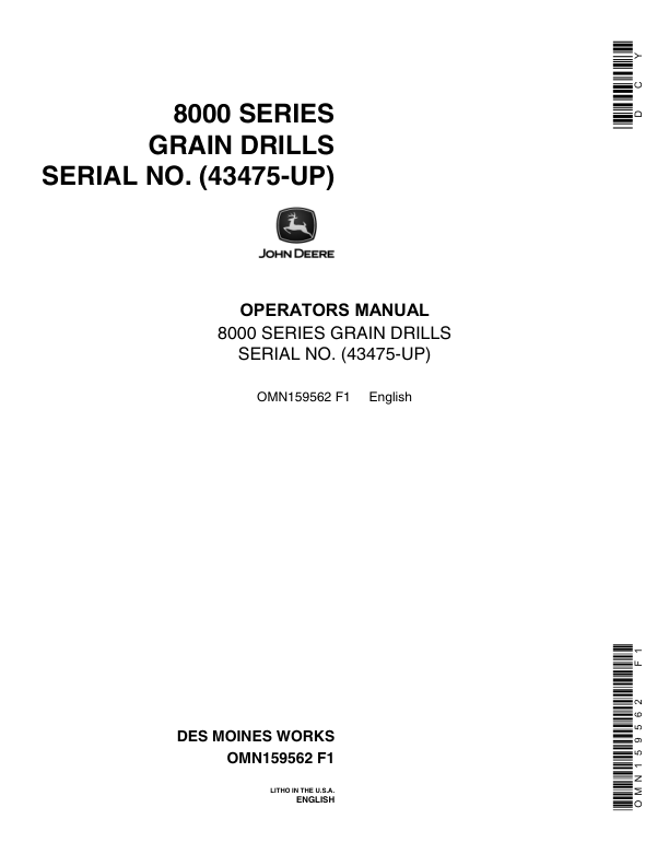 John Deere 8000 Series Grain Drills North America (043475-052967) Operator's Manual (OMN159562)