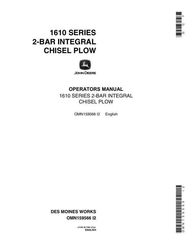 John Deere 1600 Series Two-Bar Integral Chisel Plow Operator's Manual (OMN159566)