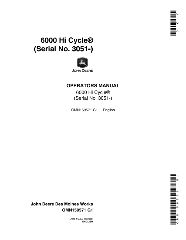 John Deere 6000 Self-Propelled Sprayer, Hi-Cycle Operator's Manual (OMN159571)