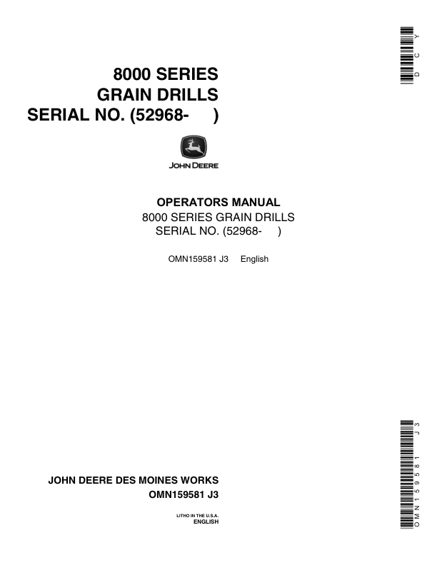 John Deere 8000 Series Grain Drills North America (052968-061876) Operator's Manual (OMN159581)