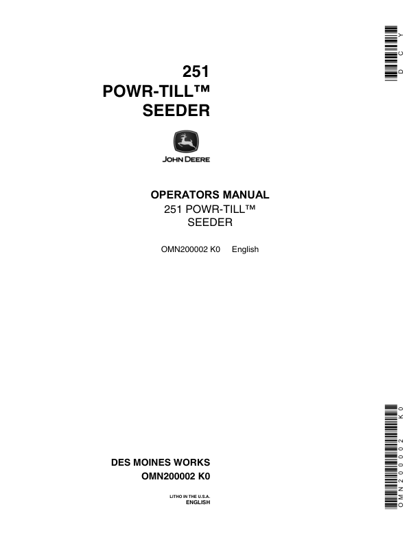 John Deere 251 Power Till Seeder Operator's Manual (OMN200002)