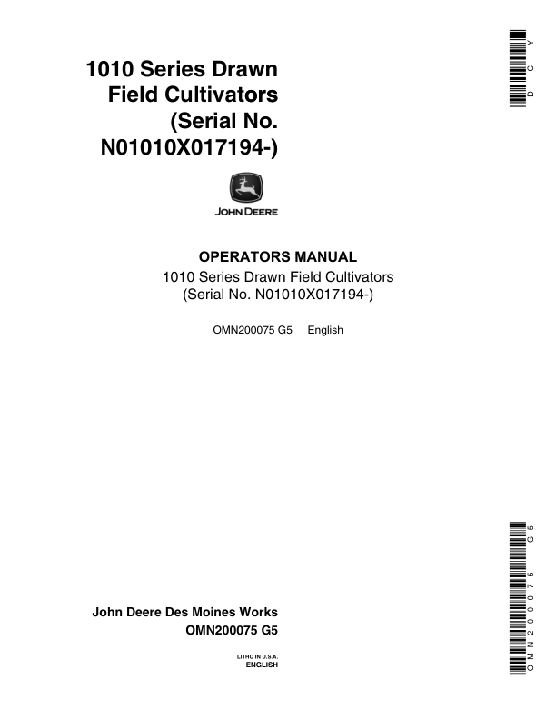 John Deere 1010 Series Field Cultivator (017194-) Operator's Manual (OMN200075)