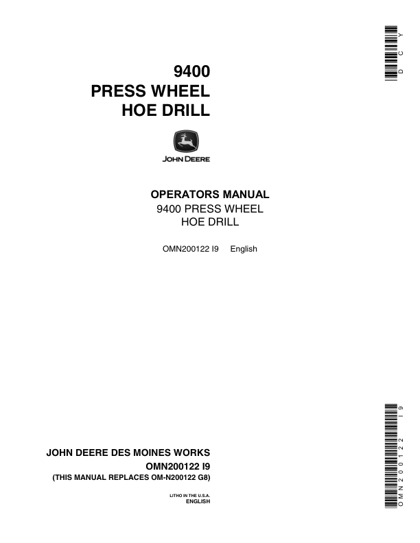 John Deere ( -003667 )9400 Press Wheel Hoe Drill Operator's Manual (OMN200122)
