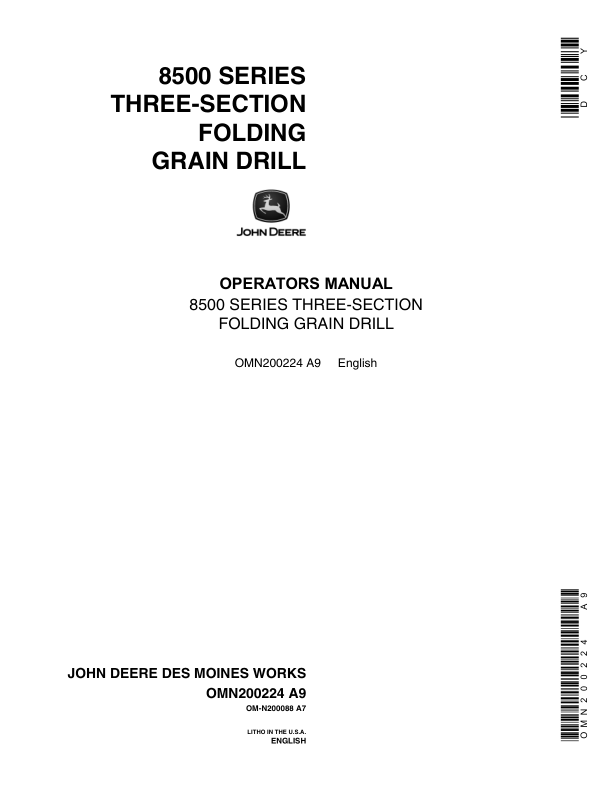 John Deere 8500 Grain Drill North America Operator's Manual (OMN200224)