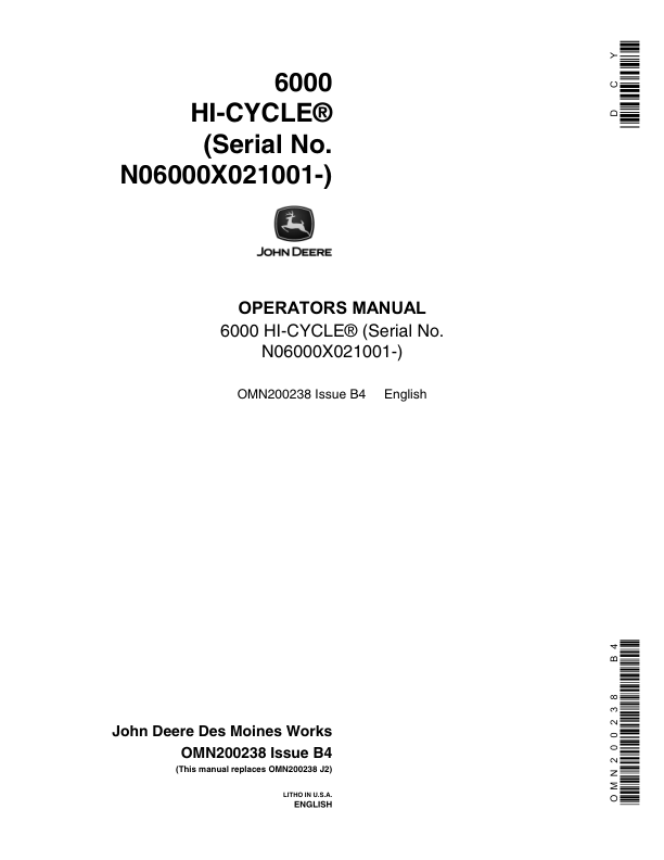 John Deere 6000 Sprayer Operator's Manual (OMN200238)