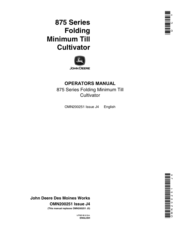 John Deere 875 Series Folding Min-Till Cultivator Operator's Manual (OMN200251)