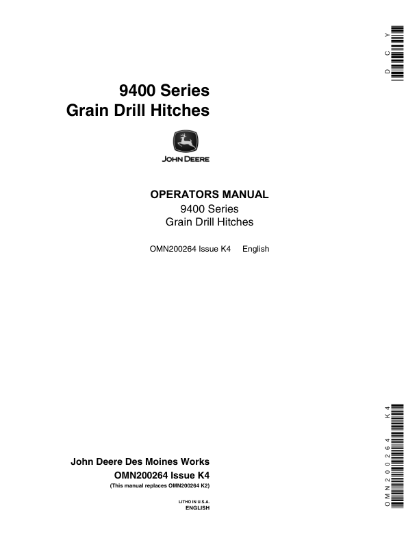 John Deere 9400 Series Grain Drill Hitches Operator's Manual (OMN200264)