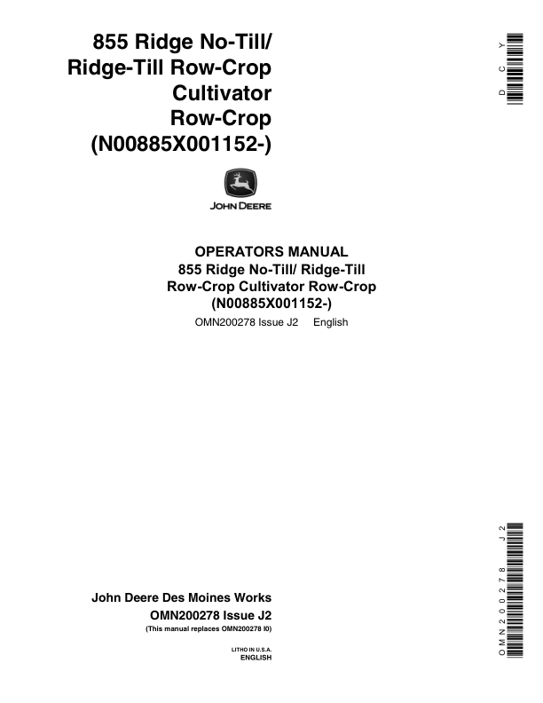 John Deere 885 Rigid Row-Crop Cultivator (001152 - ) Operator's Manual (OMN200278)