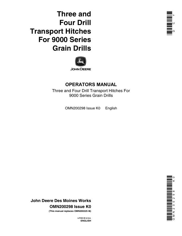 John Deere 3-Drill, 4-Drill Transport Hitches Operator's Manual (OMN200298)