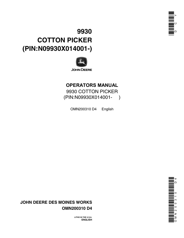 John Deere 9930 Cotton Picker Operator's Manual (OMN200310)