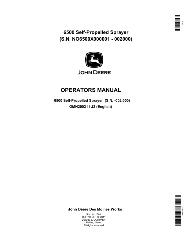 John Deere 6500 Self-Propelled Sprayer (000001-002000) Operator's Manual (OMN200311)