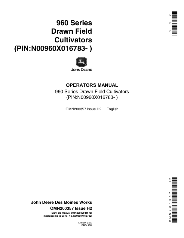 John Deere 960 Series Drawn Field Cultivators (016783 -) Operator's Manual (OMN200357)