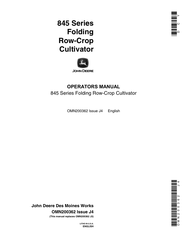 John Deere 845 Series Folding Row-Crop Cultivator Operator's Manual (OMN200362)