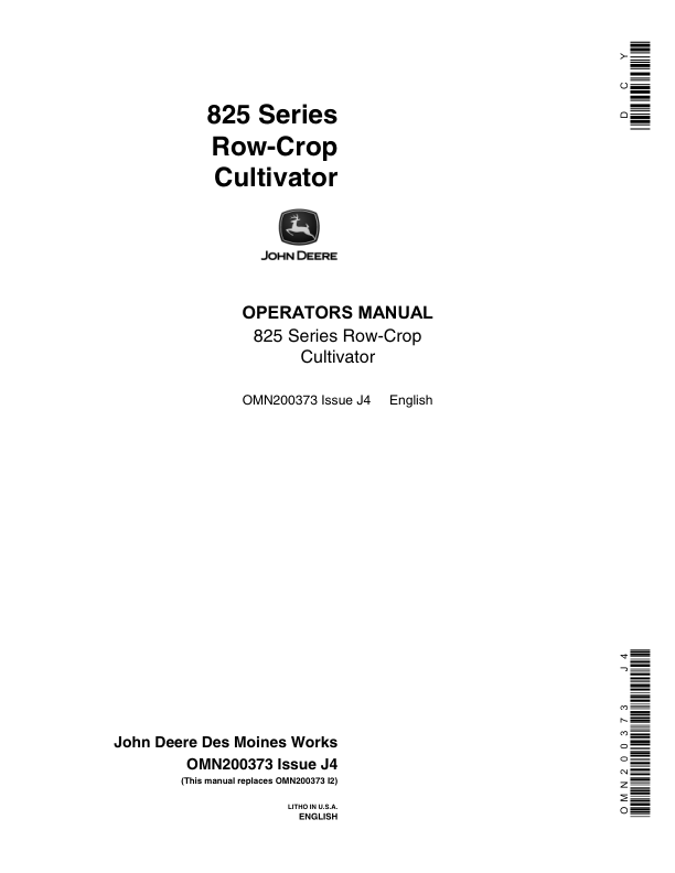 John Deere 825 Series Row-Crop Cultivator Operator's Manual (OMN200373)