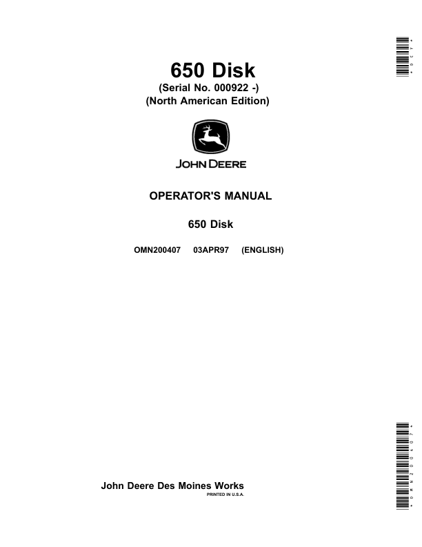 John Deere 650 Disk Operator's Manual (OMN200407)