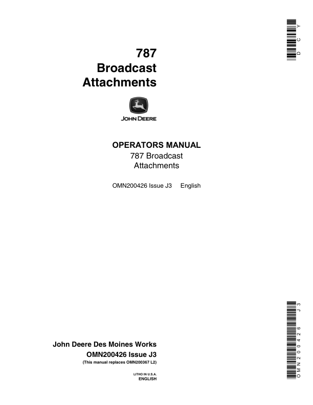 John Deere 787 Broadcast Attachments Operator's Manual (OMN200426)