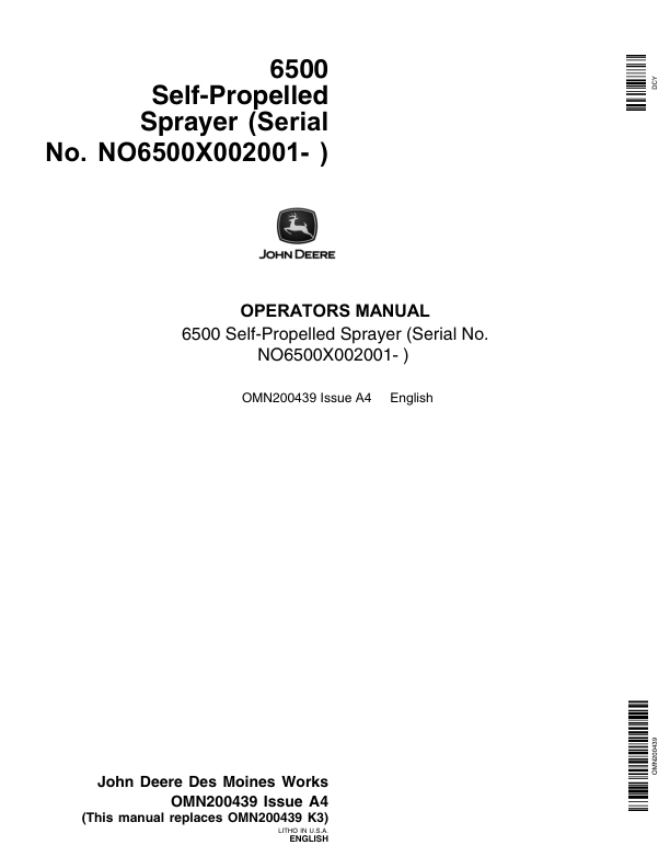 John Deere 6500 Self-Propelled Sprayer (002001-) Operator's Manual (OMN200439)